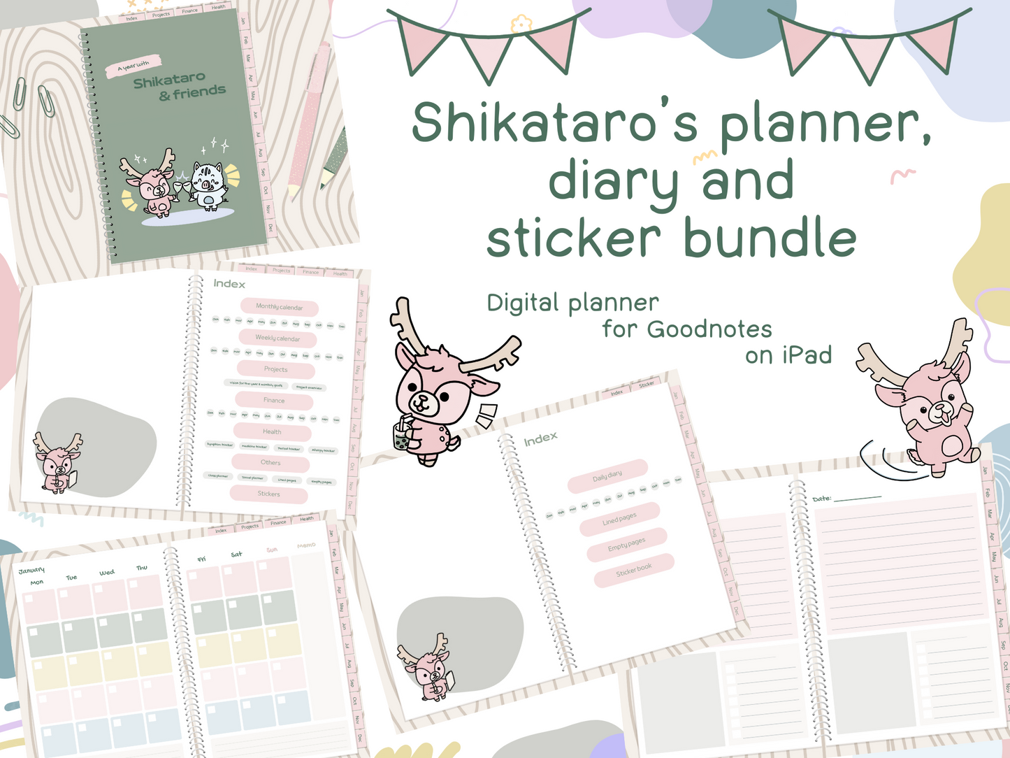 Shikataro's planner, diary & sticker bundle, digital files usable for Goodnotes productivity app