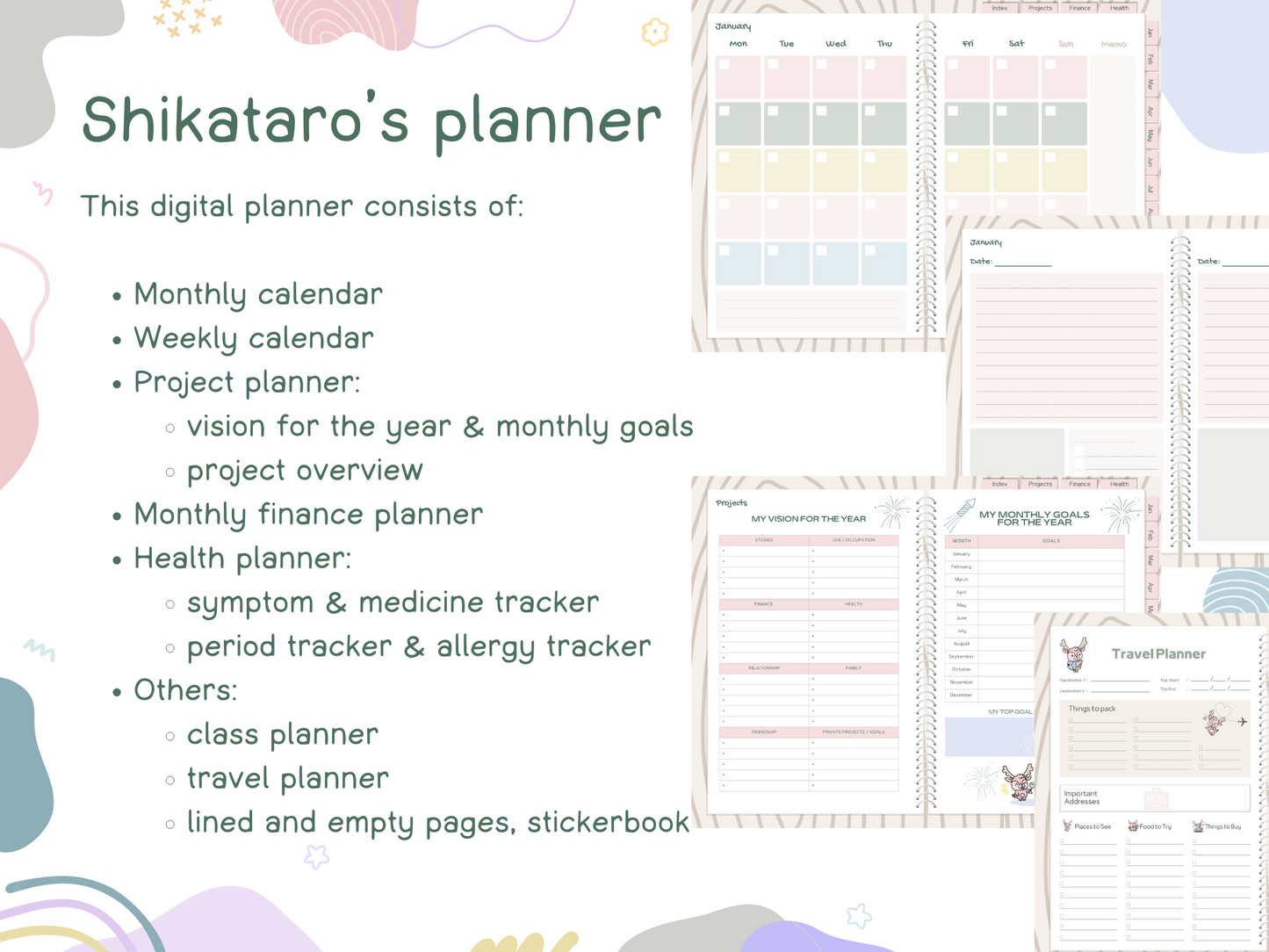 Shikataro's planner, diary & sticker bundle, digital files usable for Goodnotes productivity app